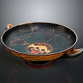 Sculpted Carvings On Ancient Pottery Plate With Decorative Handles And Intricate Design