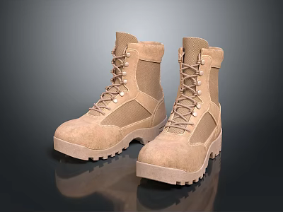 Beige Military Boots With Lace Up Design Mesh Panels And Durable Rubber Sole 3d model