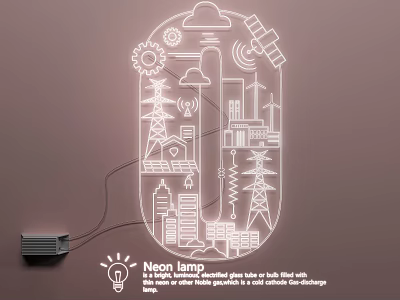 Neon Lamp Combination With Industrial Technological Elements Like Gears Towers Buildings Satellite And Power Lines 3d model