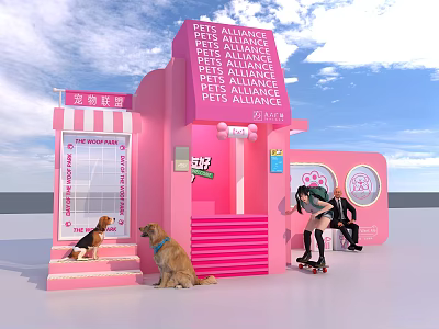 Pet Alliance Pink Building with Pet Management Sign Dogs and People Around 3d model