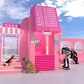 Pet Alliance Pink Building with Pet Management Sign Dogs and People Around