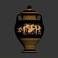 Black Ceramic Vase With Lid Handles And Golden Sculpted Figure Carvings
