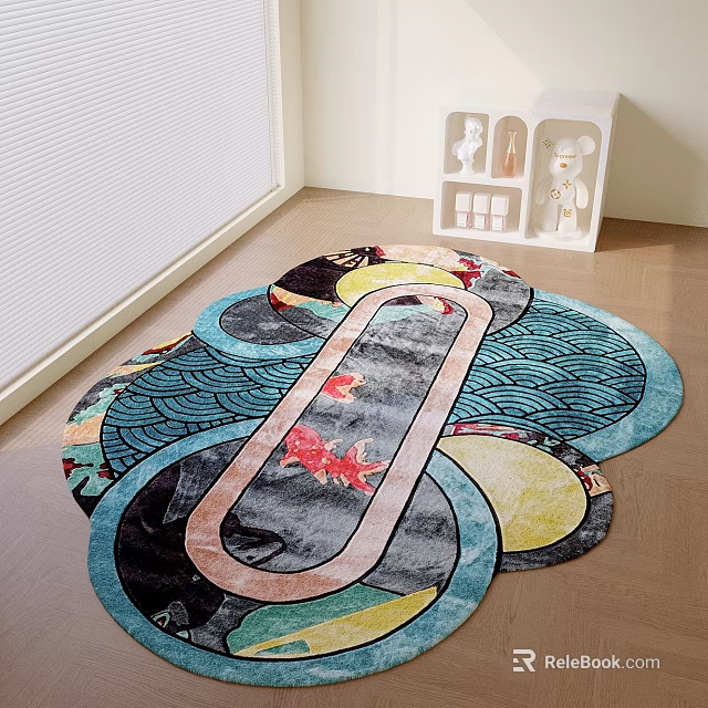 Multicolored Stylish Decorative Rug With Wave Pattern And Goldfish Design For Living Room Floor 3d model 