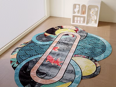 Multicolored Stylish Decorative Rug With Wave Pattern And Goldfish Design For Living Room Floor 3d model