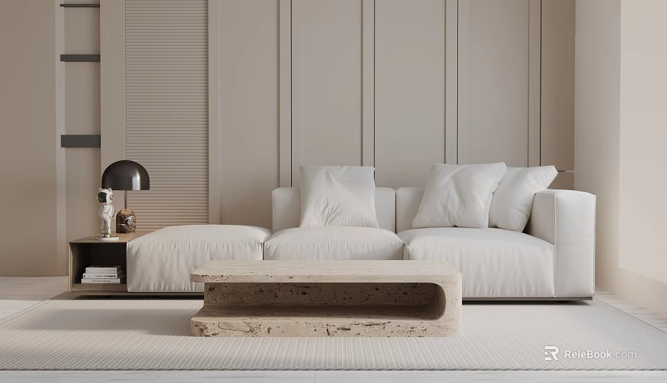 Modern Living Room Interior With White Three-Seater Sofa Stone Coffee Table And Beige Rug 3d model