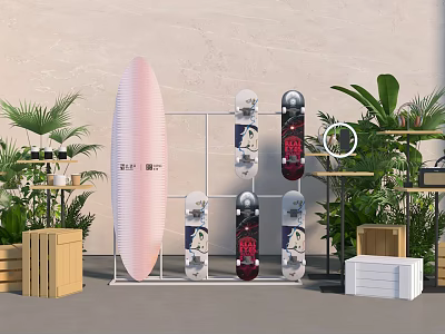 Floral Art Display With Skateboards Green Plants And Wooden Crates 3d model