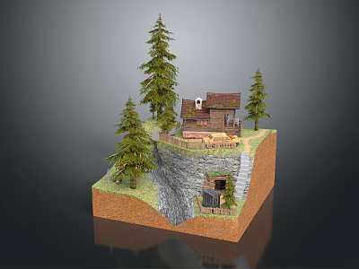 Wooden Cabin on Hillside Surrounded by Pine Trees with Grass Area and Steps 3d model