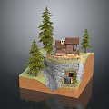 Wooden Cabin on Hillside Surrounded by Pine Trees with Grass Area and Steps