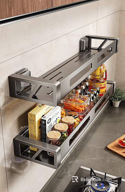 Stainless Steel Kitchen Wall Mounted Rack With Spice Jars Oil Bottle And Storage Containers 3d model 