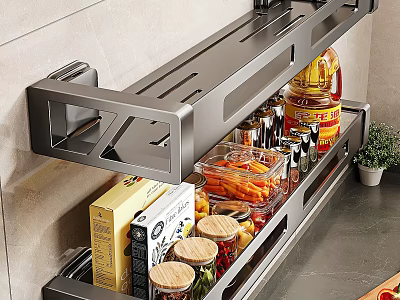Stainless Steel Kitchen Wall Mounted Rack With Spice Jars Oil Bottle And Storage Containers 3d model