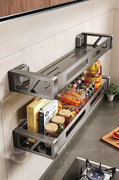 Stainless Steel Kitchen Wall Mounted Rack With Spice Jars Oil Bottle And Storage Containers 3d model