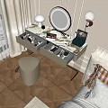 Elegant Dressing Table With Marble Top Open Drawers Stool And Round Lighted Mirror