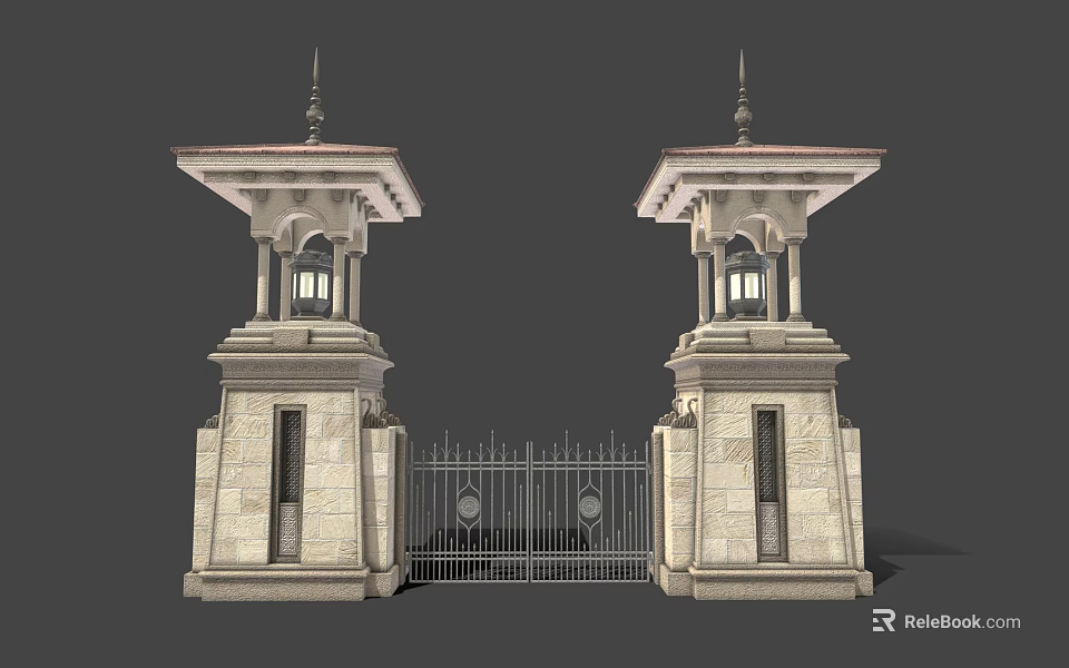 Elegant Classical Iron Gate With Symmetrical Stone Pillars And Decorative Spire Tops 3d model 