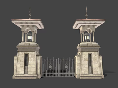 Elegant Classical Iron Gate With Symmetrical Stone Pillars And Decorative Spire Tops 3d model