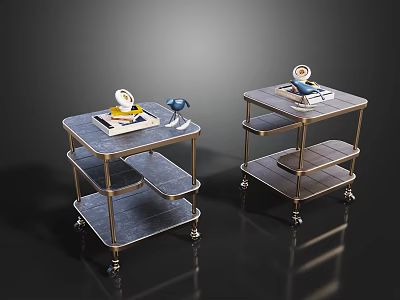 Modern Coffee Tables With Metal Frames Wheels And Decorative Items On Dark Tops 3d model