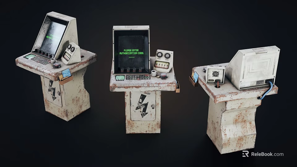 Vintage Entertainment Appliances On Worn Stands With Control Panels And Screens 3d model 