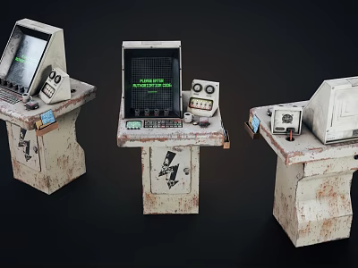 Vintage Entertainment Appliances On Worn Stands With Control Panels And Screens 3d model