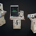 Vintage Entertainment Appliances On Worn Stands With Control Panels And Screens