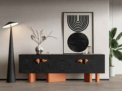 Modern Entryway Cabinet Sideboard With Black Orange Wooden Design Curved Handles And Decorative Vase Lamp 3d model