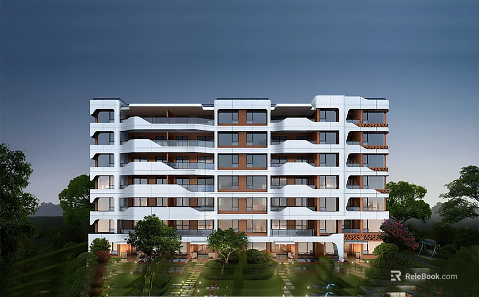 Modern Multi Floor Residential Building With White Exterior Balconies And Landscaped Garden 3d model 
