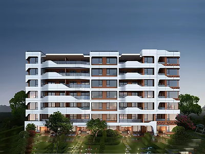 Modern Multi Floor Residential Building With White Exterior Balconies And Landscaped Garden 3d model
