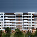 Modern Multi Floor Residential Building With White Exterior Balconies And Landscaped Garden