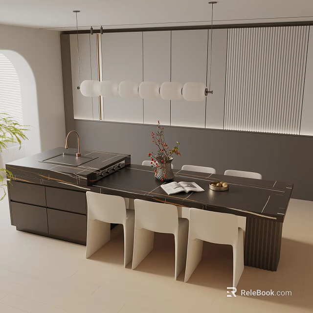 Modern Dining Table Set With Black Island White Chairs Gray Cabinets And Pendant Lights 3d model 