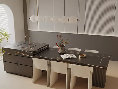 Modern Dining Table Set With Black Island White Chairs Gray Cabinets And Pendant Lights 3d model