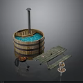 Outdoor Wooden Barrel Hot Tub With Picnic Table Grill And Small Tables