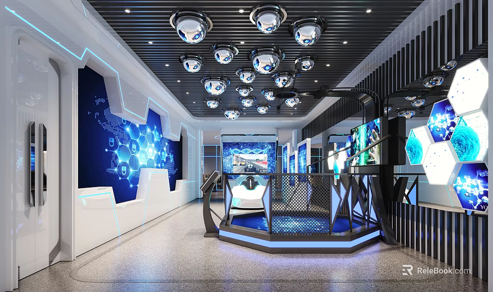 Futuristic Tech Exhibition Hall Interior With Blue Lighting Digital Screens And Interactive Displays 3d model 