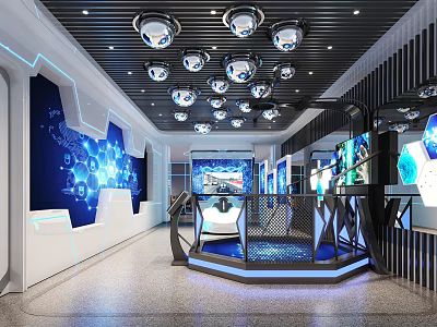 Futuristic Tech Exhibition Hall Interior With Blue Lighting Digital Screens And Interactive Displays 3d model