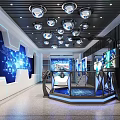 Futuristic Tech Exhibition Hall Interior With Blue Lighting Digital Screens And Interactive Displays