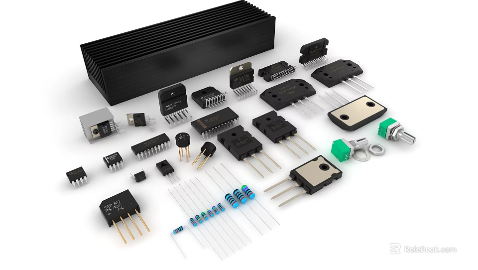 Various Electronic Components Including Resistors Capacitors Transistors And Heat Sinks 3d model