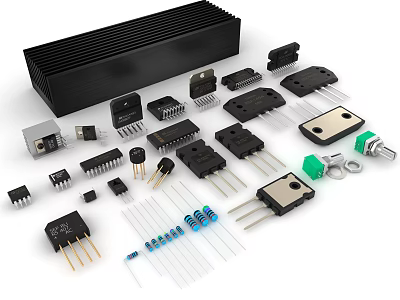 Various Electronic Components Including Resistors Capacitors Transistors And Heat Sinks 3d model