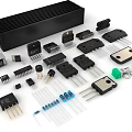 Various Electronic Components Including Resistors Capacitors Transistors And Heat Sinks 3d model