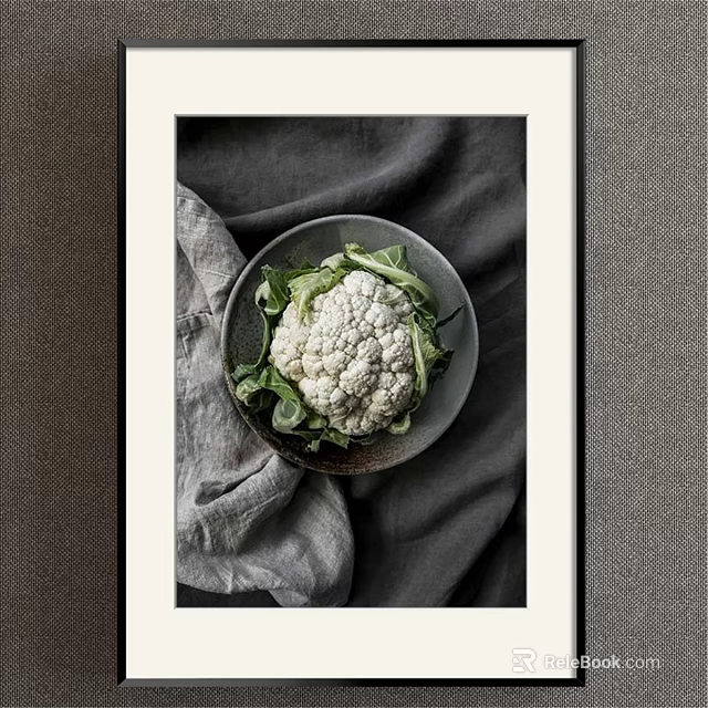 Organic Fresh Cauliflower With Green Leaves On Ceramic Plate And Gray Cloth 3d model 