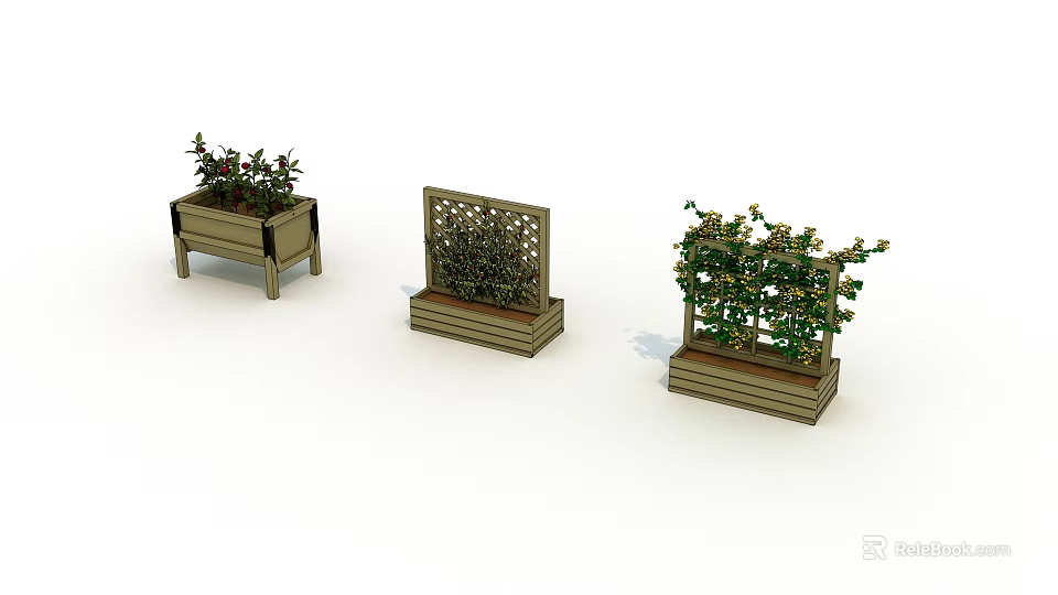 Garden Decorative Pieces with Wooden Planters Lattice Panels and Vining Plants 3d model 