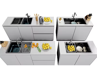 Modern Stainless Steel Kitchen Sink With Faucet And Fruit On Countertop 3d model
