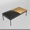 Modern Sofa Bench With Black Leather Cushion Wooden Tray Top And Metal Legs