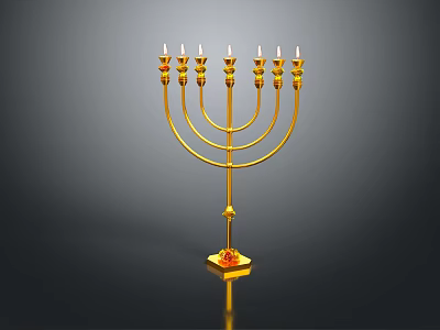 Traditional Golden Menorah Candelabra With Nine Branches And Red Gemstone Base 3d model