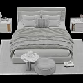 Modern Double Bed With Multiple Pillows Bedside Tables And Round Ottoman On Soft Rug 3d model