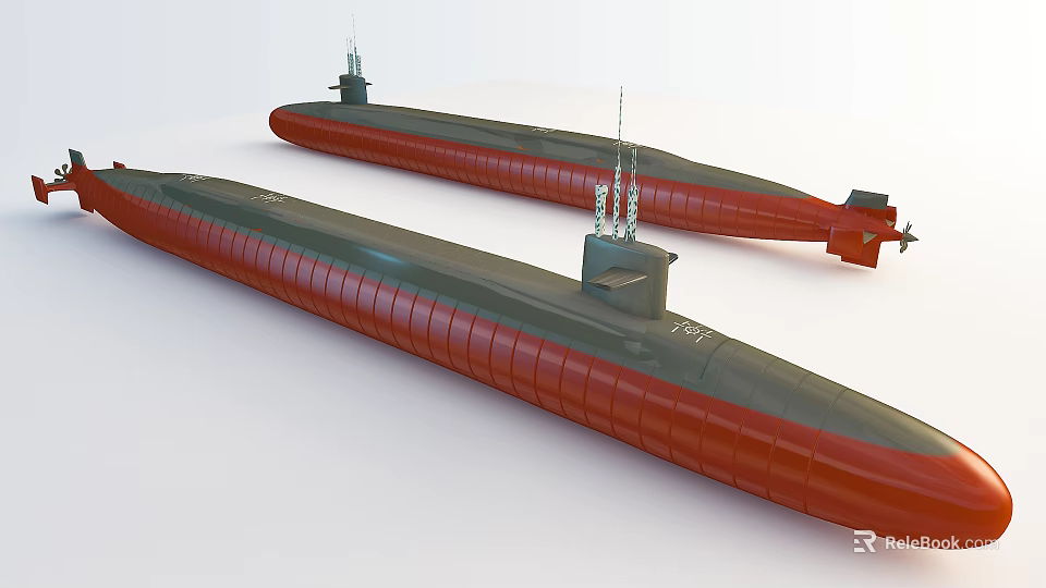 Two Military Submarines With Green And Red Hulls And Conning Towers 3d model 