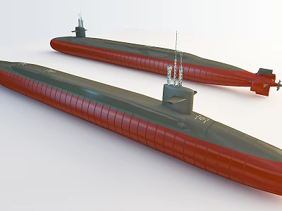 Two Military Submarines With Green And Red Hulls And Conning Towers 3d model