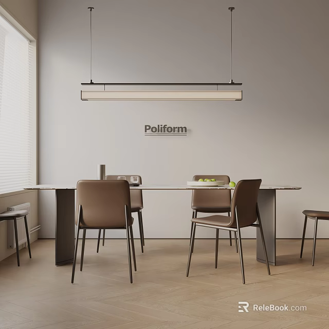 Poliform Modern Dining Table Set With Brown Chairs Pendant Light And White Blinds 3d model