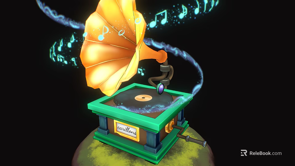 Vintage Electronic Gramophone with Yellow Horn Green Base and Floating Musical Notes Design 3d model 