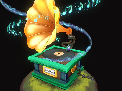 Vintage Electronic Gramophone with Yellow Horn Green Base and Floating Musical Notes Design 3d model