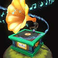 Vintage Electronic Gramophone with Yellow Horn Green Base and Floating Musical Notes Design
