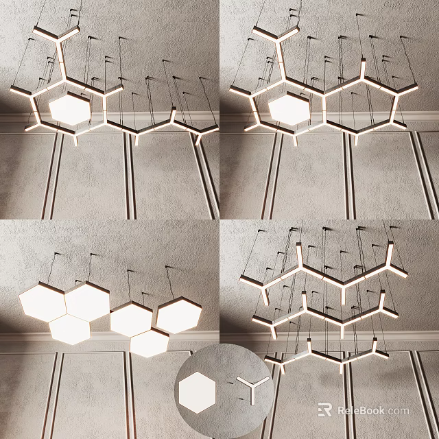 Modern Hexagonal Chandelier Design With Multiple Hanging Units And Ceiling Mounted Lighting 3d model