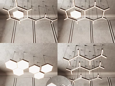 Modern Hexagonal Chandelier Design With Multiple Hanging Units And Ceiling Mounted Lighting 3d model