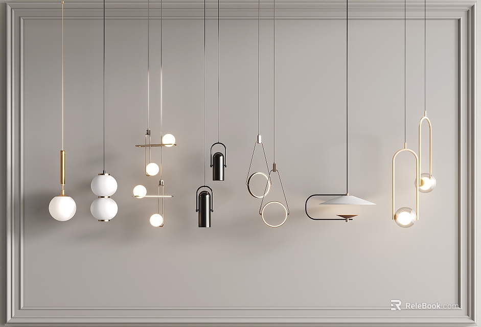 Modern Minimalist Pendant Lights With Gold Black White Geometric Spherical Ring Designs For Interior Decor 3d model 
